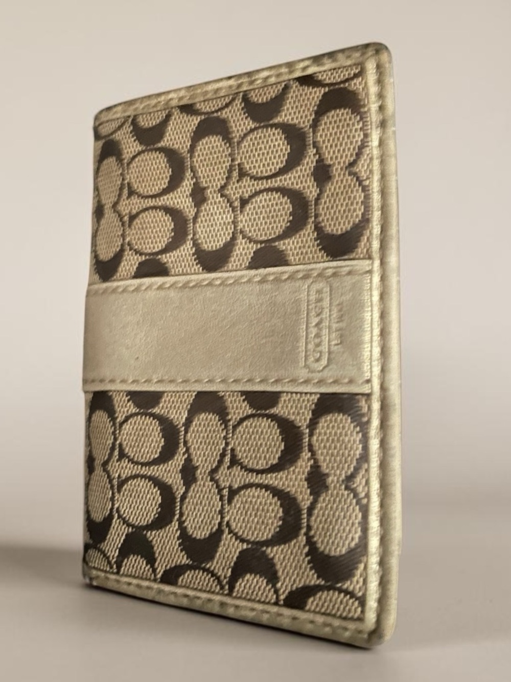 Coach Signature Canvas & Metallic Gold Bifold Card Case ID Wallet